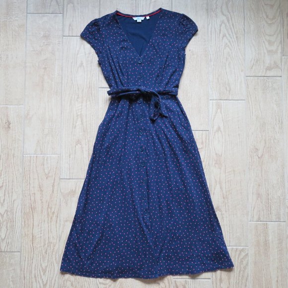 Boden Dresses & Skirts - Boden Frances Jersey Navy Blue Polka Dot Button Down Dress Belt & Pockets 2P
